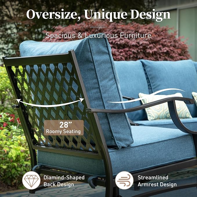 SUNSHINE VALLEY 5 Piece Metal Outdoor Patio Furniture Set with Fire Pit Table, Patio Conversation Sets 4 Fixed Chairs with 5.75" Thick Cushion and 5000 BTU Fire Pit Table, Backyard Furniture, Navy