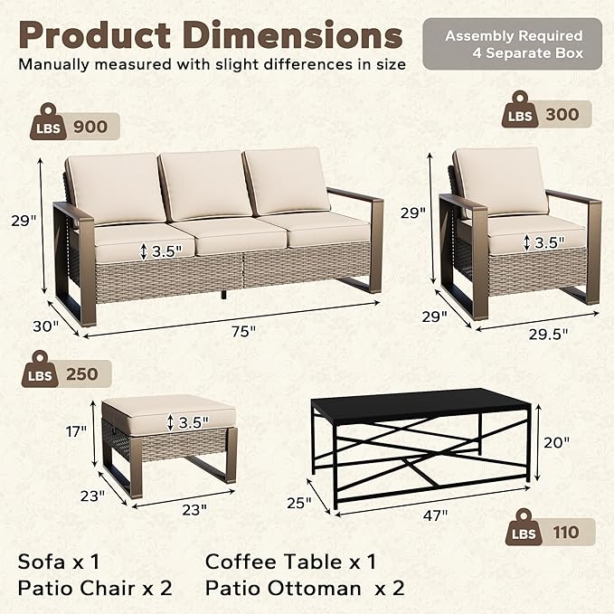 6 Pieces Metal Wicker Patio Furniture Set - 75" Sofa, 2 Armchairs and 2 Ottomans, 1 Coffee Table All Weather Rattan Outdoor Conversation Furniture with Washable Cushion for Deck Porch, Beige