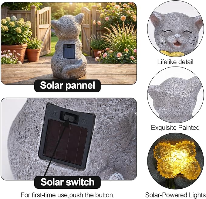PETAFLOP Solar Cat Garden Statue Decor with Sunflower, Outdoor Figurines Patio Balcony Yard Lawn Decorations, Birthday Housewarming Gifts for Mom Grandma Women Cats Lover