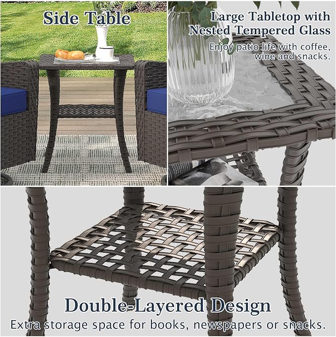 3 Pieces Patio Swivel Chairs & Side Table, PE Rattan Patio Chairs with Water-Resistant Cushion for Porch Outdoor Wicker Furniture Set (Blue, 3 PCS - Swivel Chair & Table)