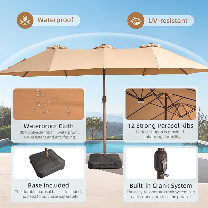 15ft Patio Umbrella with Base Included, Rectangle Double Patio Umbrellas with Crank Handle 12 Ribs, Heavy Duty Large Table Umbrella for Pool Deck Garden Party Commercial