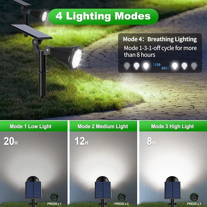 Tadyreal Solar Spot Lights Outdoor Waterproof 180° Adjustable Solar Powered Landscape Lights for Yard 4 Lighting Modes Solar Spotlights for Pathway Garden Outside Wall Pool Porch (2 Pack, Cool White)