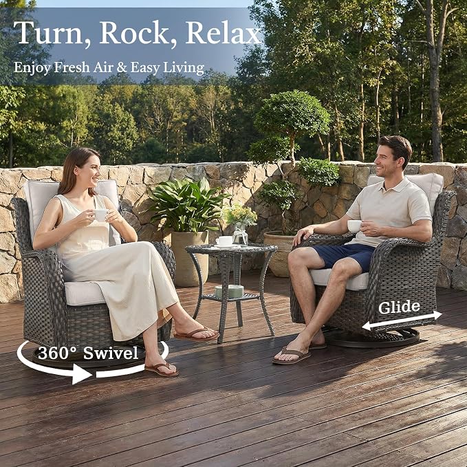 Outdoor Patio Furniture Set-5 Piece Outdoor Swivel Rocker Chairs with Ottomans Patio Furniture Set for Deck Balcony Poolside Backyard-Brown/Beige