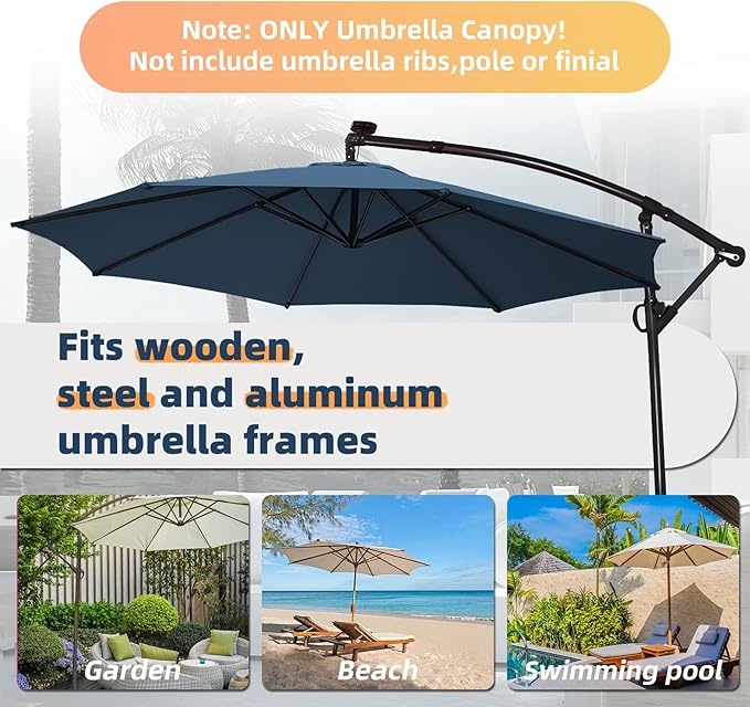 10ft Patio Umbrella Replacement Canopy for 8 ribs, Fits Hanging Offset Cantilever Market Outdoor Patio Shades，Canopy Only
