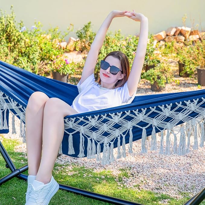 PNAEUT Handmade Tassel Hammocks, Double Hammock with Stand for Outside Indoor Outdoor, Max 450 lbs Capacity, Pillow & Storage Bag (Navy)