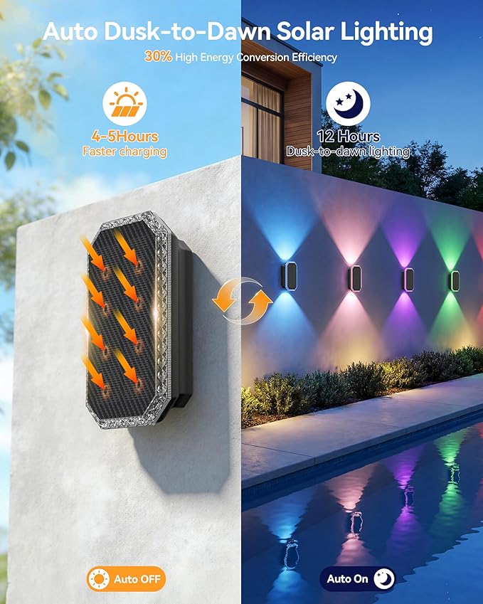 TECKNET Solar Fence Lights Outdoor 6 Pack with Bi-Directional, Uplight & Downlight, Solar Powered Fence Wall Lights Waterproof IP67 8 Colors & RGBW Dynamic Cycling for Outdoor/Patio/Porch/Pool Cage