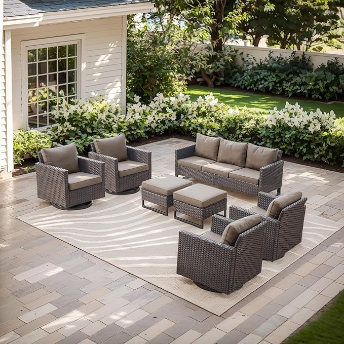 Rilyson Wicker Outdoor Patio Furniture Set - 7 Piece Patio Conversation Set with 4 Swivel Rocker Chairs,2 Rattan Ottoman and 1 Couch for Outside Porch Deck Backyard(Brown/Grey)