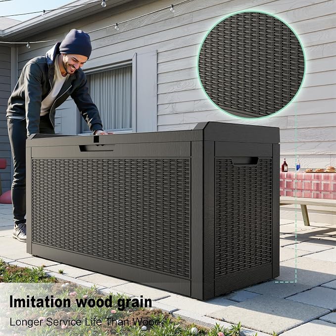 ROJIK 70 Gallon Deck Box Outdoor, Waterproof Outdoor Storage Boxes with Lids, Outside Resin Lockable Storage Box for Patio Cushions, Garden Tools(Black)