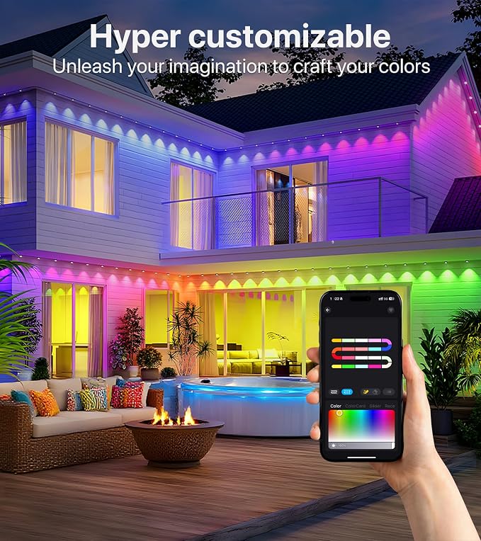 RGB+IC Permanent Outdoor Lights, DIY Lighting Effects, 200FT | Permanent Outdoor Lights with 120 LEDs, App & Remote Control, Timer, IP65 and Dynamic Effects for Yards, Home