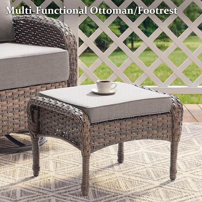 Outdoor Swivel Rocking Chair Patio Set (7-Piece), High-Back - Thick Cushion Swivel Rocking Chair Patio Set, All-Weather Wicker Patio Furniture Set, Suitable for Balcony Patios, Brown/Gery