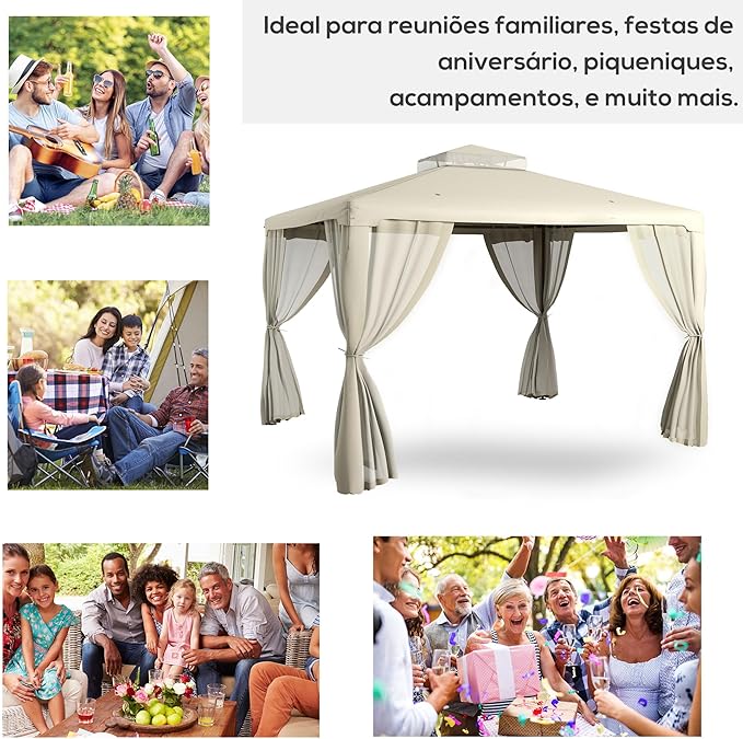 Outsunny 9.6' x 11.6' Patio Gazebo, Outdoor Canopy Shelter with 2-Tier Roof and Netting, Steel Frame for Garden, Lawn, Backyard, and Deck, Cream White