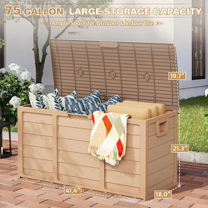 SUNCROWN 75 Gallon Deck Storage Box Resin Outdoor Storage Container with Handles for Patio Garden Yard Porch, Yellow