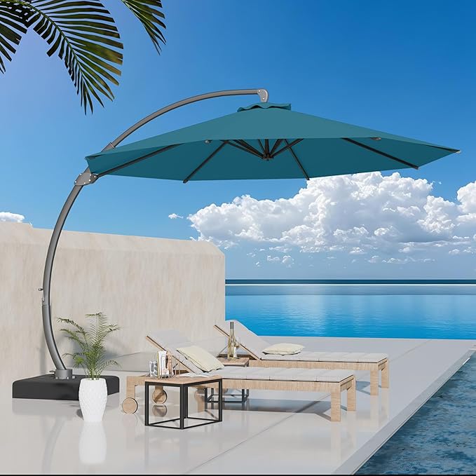 Kingdura 12ft Offset Cantilever Patio Umbrella with Base Included, Large Round Aluminum Outdoor Umbrella, 360° Rotation & Infinite Tilt, Heavy Duty Frame for Deck Pool Backyard, Lake Blue