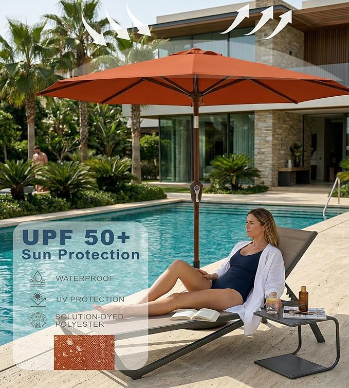 PatioKingdom 10FT Patio Umbrella with Push Button Tilt and Crank, Outdoor Market Umbrella with 8 Fiberglass Ribs, UV Protection Table Umbrella for Pool,Backyard,Garden,Deck