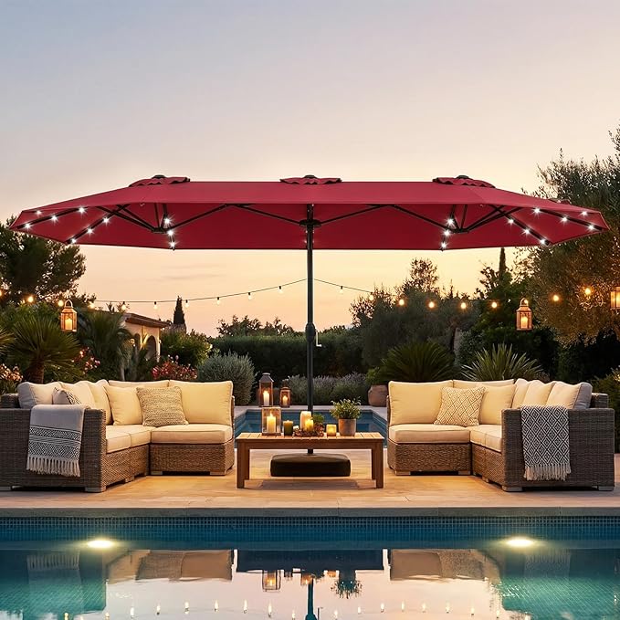 Tangkula 13FT Double-Sided Solar Patio Umbrella, Extra-Large Outdoor Twin Umbrella with 36 LED Lights, Vented Top, Crank Handle, 12 Ribs, Weighted Base Included for Backyard Poolside Deck (Wine)