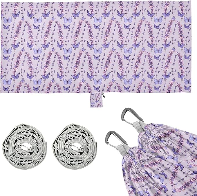 Camping Hammock Outdoor Hammocks for Outside Purple Butterfly Lavender Flower Beach Trees Portable Lightweight with Pockets Tree Straps Indoor