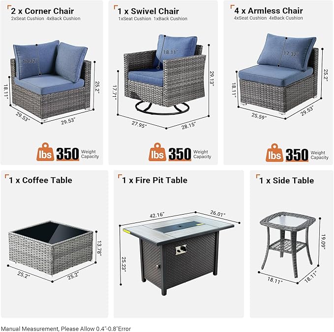 ovios 10 Piece Outdoor Patio Furniture Set with Fire Pit Table,Conversation Sectional Wicker Couch with Swivel Chairs,Modern Outside Sofa for Balcony Backyard, Blue