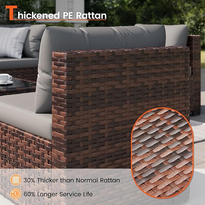 8 Piece Patio Furniture Set with 44" Fire Pit Table, Outdoor Sectional Wicker Rattan Sofa Set with Coffee Table (Grey/Brown)