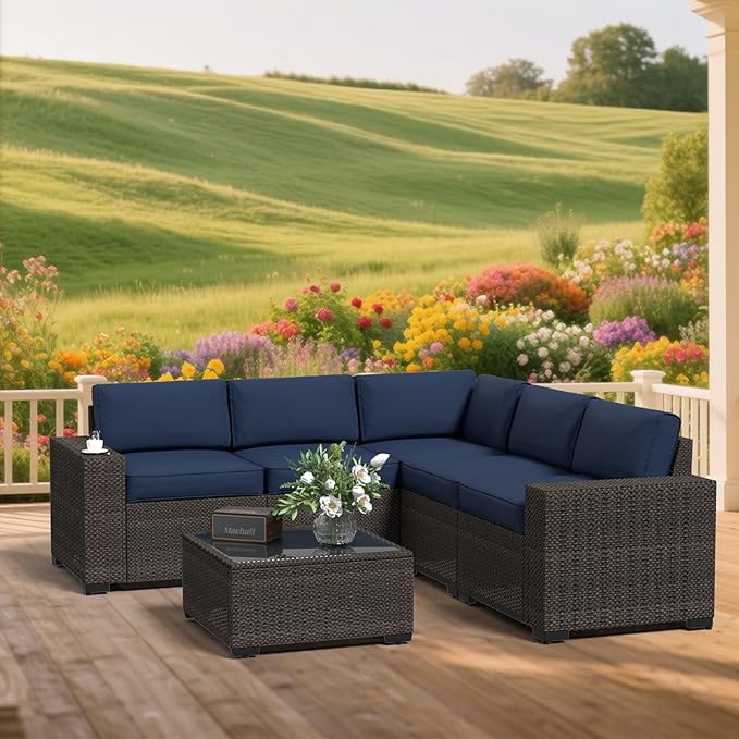 SHGJ&SOFT 6pcs Outdoor Patio Furniture Set, Waterproof Wicker Outdoor Sectional Couch with Thick Cushions, All-Weather Rattan Sectional Sofa (Dark Blue 1, 6 pcs)
