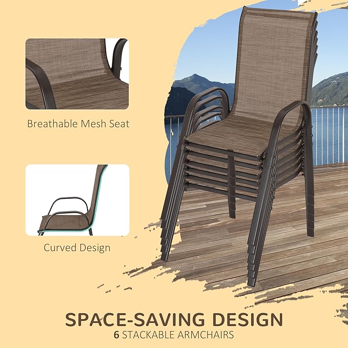 Outsunny 8 Pieces Patio Table and Chairs Set with 9 Ft Patio Umbrella, Outdoor Dining Set with 4.6 Ft Dining Table and 6 Chairs, Push Button Tilt and Crank Parasol, Tempered Glass Top, Mixed Brown