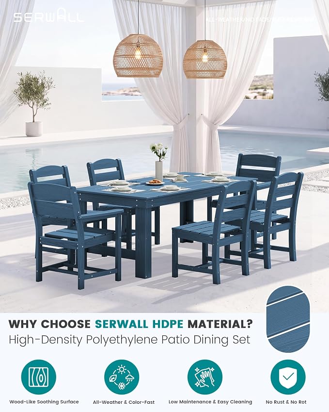 SERWALL HDPE Outdoor Dining Table and Chairs Set for 6 | with Armless Chair Seat