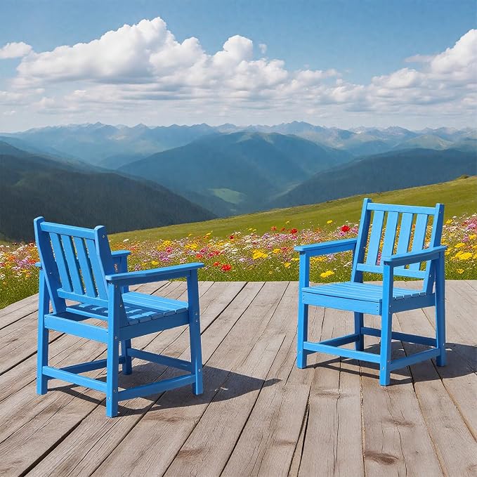 All-Weather Outdoor Chairs, HDPE Outdoor Dining Chair with Backrest and Armrest, 300 LBS Support Garden Patio Furniture Chairs for Poolside, Deck and Porch, Blue