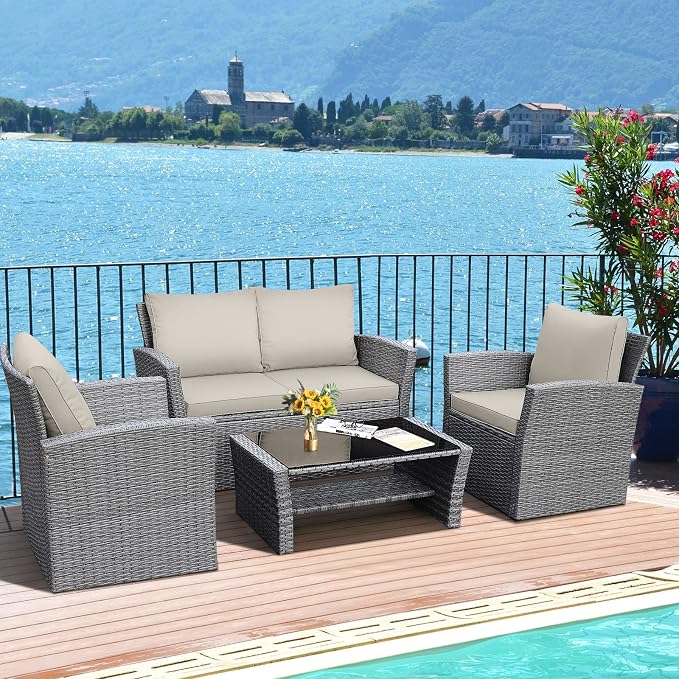 HAPPYGRILL 4 Pieces Conversation Set Outdoor Patio Rattan Furniture Set with Cushions and Coffee Table, Sectional Wicker Sofa Set for Garden Porch Balcony Poolside