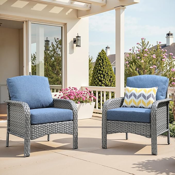 2 PCS Outdoor Patio Furniture Set with Thickened Cushions, All-Weather Rattan Wicker Outdoor Conversation Set for Porch,Backyard,Balcony,Blue