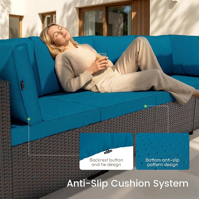 Patio Furniture Set - All-Weather - 7 Piece Patio Outdoor Conversation Set, Modular Wicker Rattan Sectional Sofa for Backyard, Garden, Poolside, Balcony, Porch, Patio, Brown/Peacock Blue