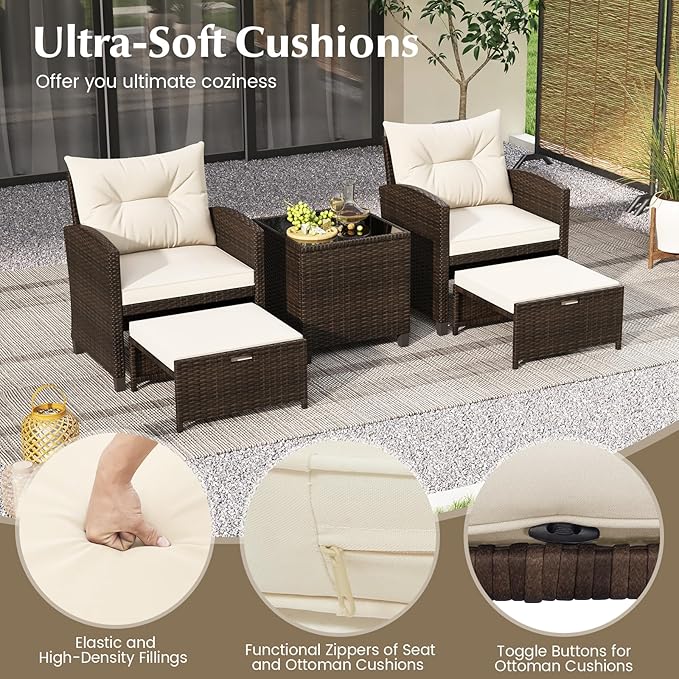 COSTWAY 5-Piece Rattan Conversation Set, Outdoor Sofa, Tempered Glass Coffee Table & Ottomans for Small Space, Boho Chic Indoor/Outdoor Furniture for Patio, Living Room & Apartment (Beige)