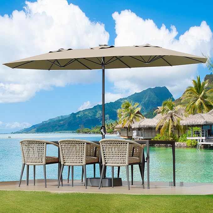 GarveeLife 15 ft Large Patio Umbrella with Lights, 36 LED Lights Double-sided Patio Umbrella with Weighted Base for Poolside Garden Backyard
