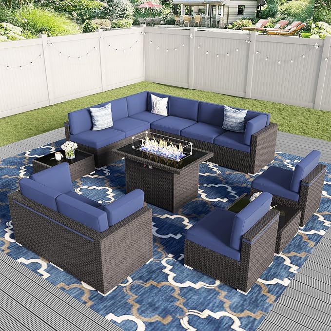 13 Pieces Patio Furniture Set with 44" Propane Gas Fire Pit Table, Outdoor Sectional Wicker Conversation Sofa Sets with Coffee Table