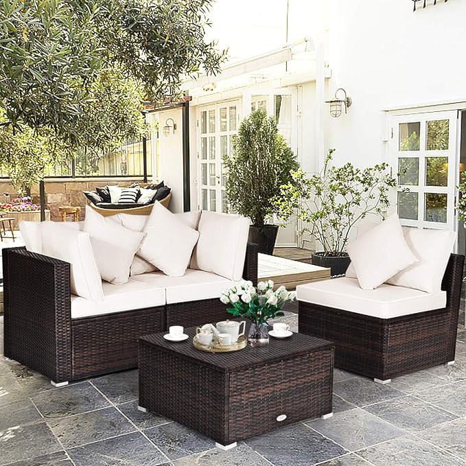 HAPPYGRILL 4 Pieces Patio Conversation Set Outdoor Wicker Sofa Set, Modern Sectional Couch Set with Washable Cushions & Pillows, All Weather PE Rattan Patio Furniture Set (Beige)
