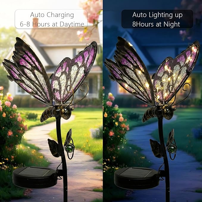 Decorative Outdoor Solar Butterfly Lights,Warm LED Handcrafted Pink Glass Stakes, 35 Inch Tall, Auto On-Off for Up to 8 Hours Glow, Waterproof Yard Patio Ornaments