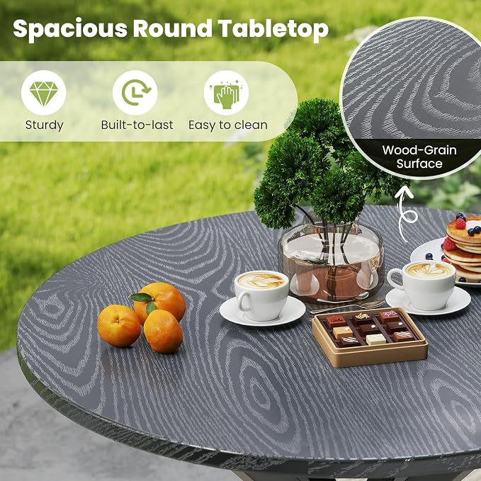 HAPPYGRILL 34” Round Outdoor Dining Table, Metal Patio Bistro Table with Wood-Like Tabletop, 4 Person Outdoor Dining Furniture for Backyard Garden Balcony