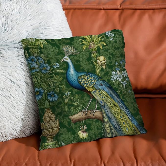 Aqua and Green Chinoiserie Throw Pillow Covers Green Peacock Animal Asian Cushion Cases 18x18 INFarmhouse Accent Outdoor Garden Decoration for Patio Garden Couch Tent