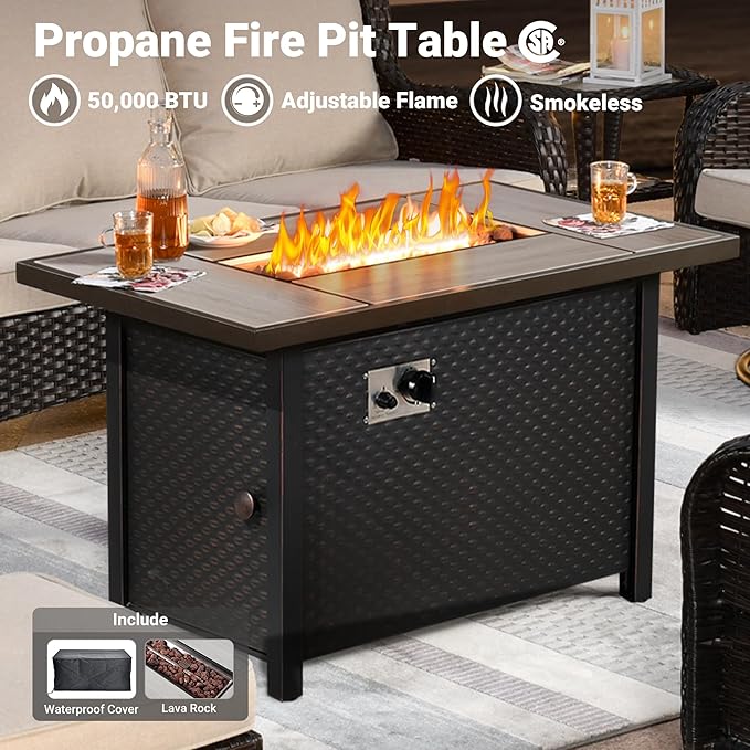 ovios 6-Pieces Patio Furniture Set with 42 Inch Fire Pit Table, Outdoor Wicker Sofa Couch Ottomans Comfy Cushions, High Back Modern Conversation Set, Brown Rattan, Beige