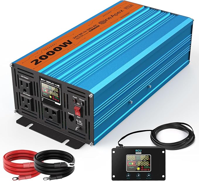 2000 Watt Inverter Pure Sine Wave DC 24V to AC 120V Power Inverters, Car Inverter Solar Power Inverters for Vehicles Home with LCD Display and 2.4A USB Charging Ports,with 3 AC Charger Outlets