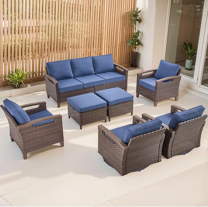 Rilyson Wicker Outdoor Patio Furniture Set - 7 Piece Patio Conversation Sets with Swivel Rocker Chairs, Chairs, Ottomans and Sofa, Thick Cushions, Waterproof Wicker, for Porch Deck Brown/Blue