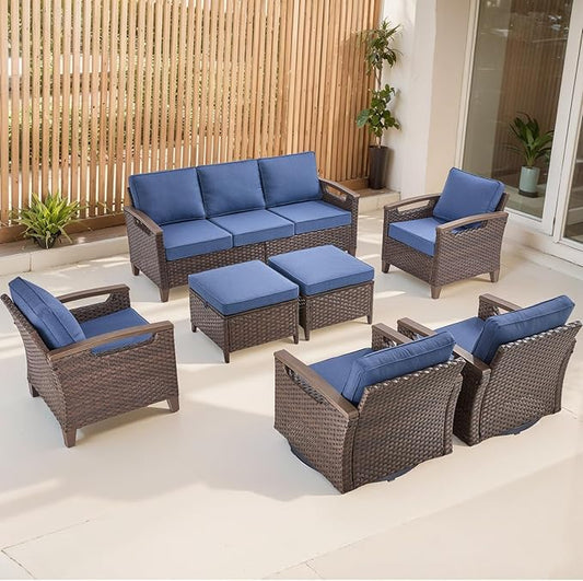Rilyson Wicker Outdoor Patio Furniture Set - 7 Piece Patio Conversation Sets with Swivel Rocker Chairs, Chairs, Ottomans and Sofa, Thick Cushions, Waterproof Wicker, for Porch Deck Brown/Blue