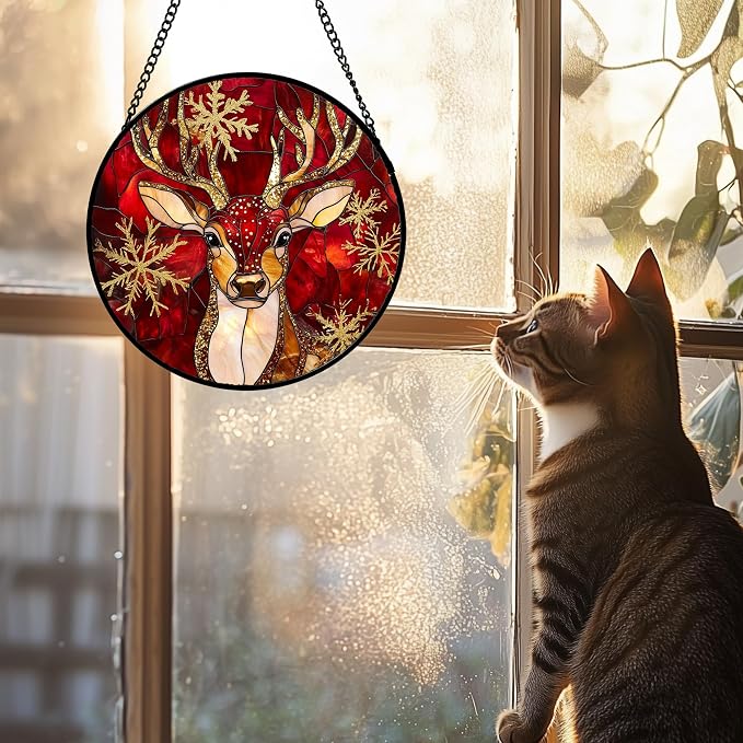 DASTOLL Stained Glass Window Hanging 4 Pcs Set Red Golden Snowflakes 7.8" - Christmas Elk Rabbit Suncatcher Door Garden Sun Catcher Decor Birthday for Mom Woman Nana Men