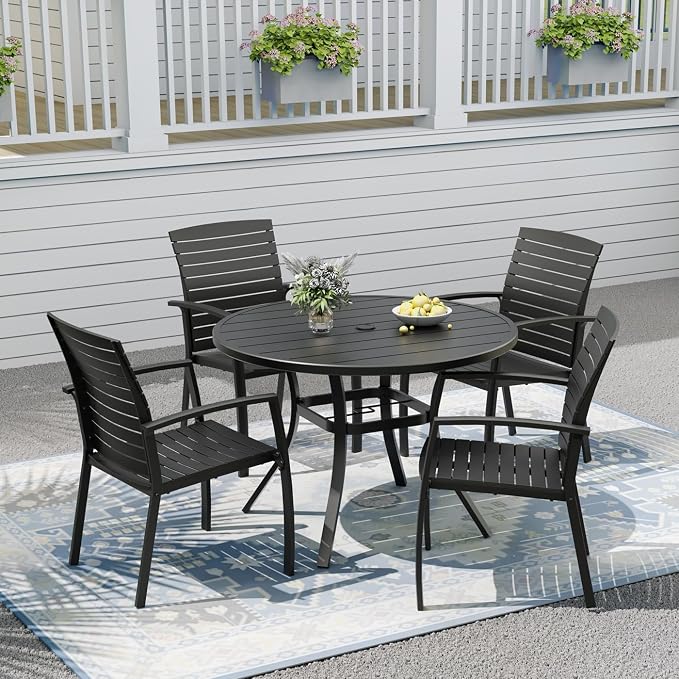 Patio Dining Set, 41" Outdoor Metal Table and 4PCS Aluminum Chairs | Round Patio Table, 1.6" & 1.9" Adjustable Umbrella Hole, Patio Dining Chair with Resin Seat and Aluminum Frame