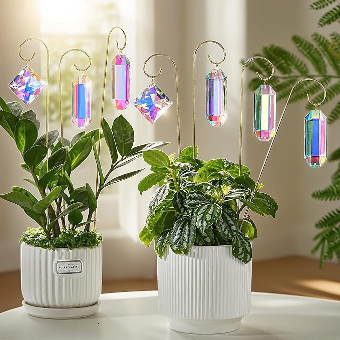 7 Pcs AB Colored Crystal Suncatcher Small Trellis Golden Plant Potted Stake | Crystal Plant Suncatcher Glass Garden Stakes for Potted Plants Indoor Outdoor Decorative Plant Stakes 13.7 Inch