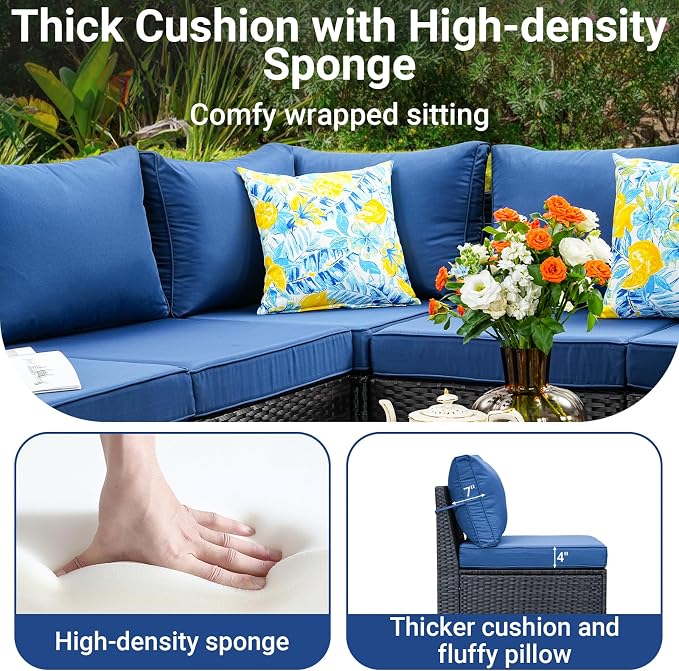 Jing's Villa 5-Piece Patio Furniture Set, All-Weather Outdoor Wicker Sectional Sofa with Cushions, Tempered Glass Table & Ottoman,Rattan Conversation Seating for Porch, Garden, Backyard,Navy