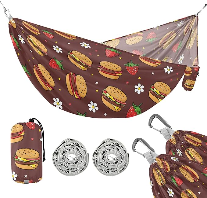 Camping Hammock Outdoor Hammocks for Outside Strawberry Hamburgers Beach Trees Portable Lightweight with Pockets Tree Straps Indoor Small