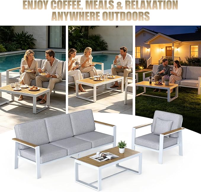 Premium Aluminum Patio Furniture Set 4 Piece,Outdoor Conversation Set with Wide Armrest,5" Thick Cushions, Olefin Fabric,Rustproof Metal Frame,Deep Seating Patio Sofa Set for Backyard,Deck,villa,White