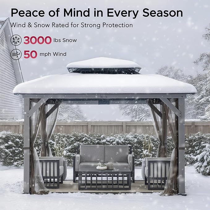 SUNJOY 10x12 Hardtop Wood Gazebo with Galvanized Steel Roof, LED String Lights & Mosquito Netting, Outdoor Permanent Pavilion Cedar Gazebo for Backyard, Garden, Patio, Deck, Lawn - Matte Black Roof