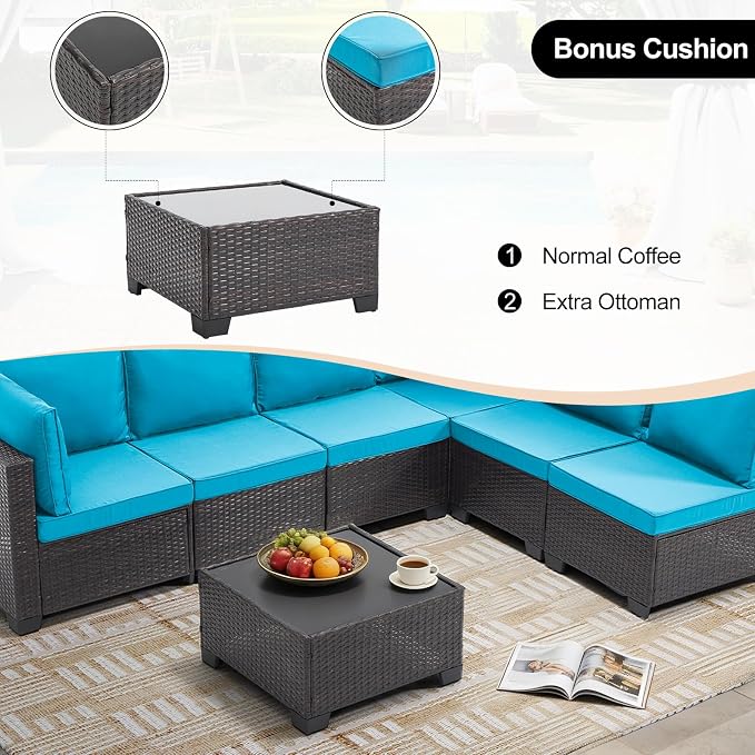 CANMOV 7 Pieces Patio Furniture Sets, All Weather Outdoor Patio Conversation Set, PE Wicker Rattan Sectional Sofa Couch Glass Coffee Table Washable Cushions, Peacock Blue