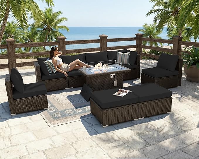 BULEXYARD 9 Piece Highback Patio Furniture Set with Fire Pit Table, Modern Modular Outdoor Sectional Couch Sofa with Ottoman, 8-Person Backyard Seating for Outside, Deck, Brown Wicker & Black Cushion