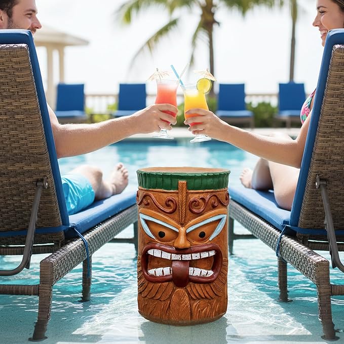 Tiki Outdoor Side Table, Fiber Reinforced Concrete Patio End Table, 20 Inch Decorative Garden Statue Stool with Wood Grain and Tribal Mask Design for Patio, Poolside, Garden, Porch